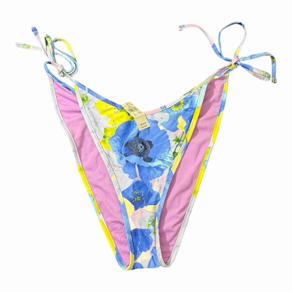 Aerie NWT Cheekiest Side Tie Blue Floral Summer Bikini Bottoms Size L